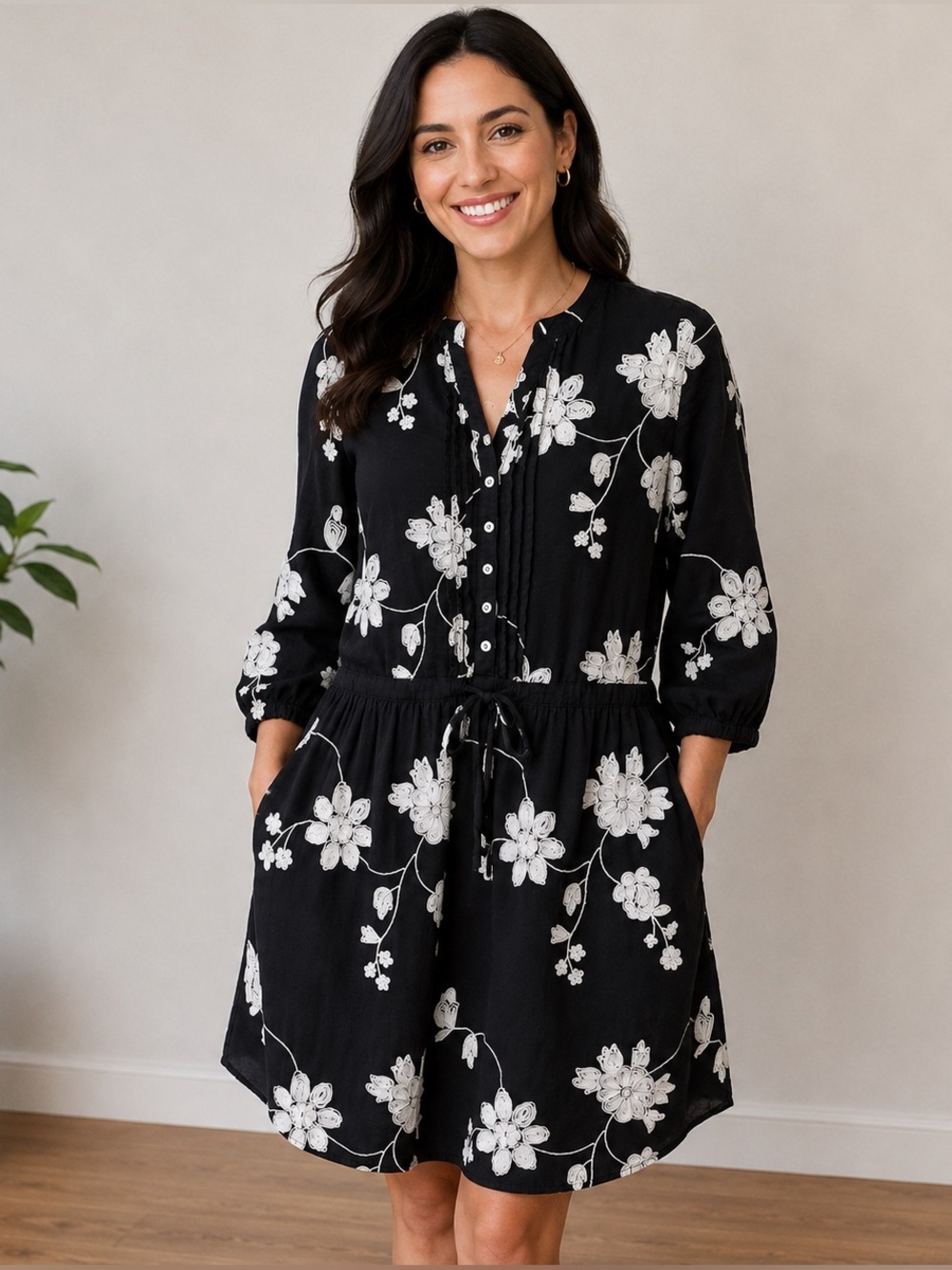 Anthropologie Isabella Sinclair Floral Black White Cotton Dress XS Embroidered